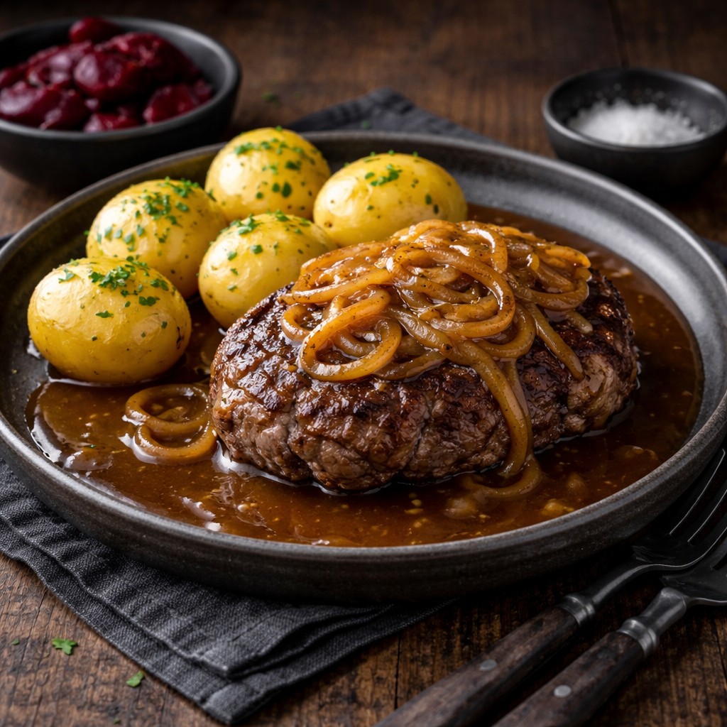 Hakkebøf med løg og brun sovs